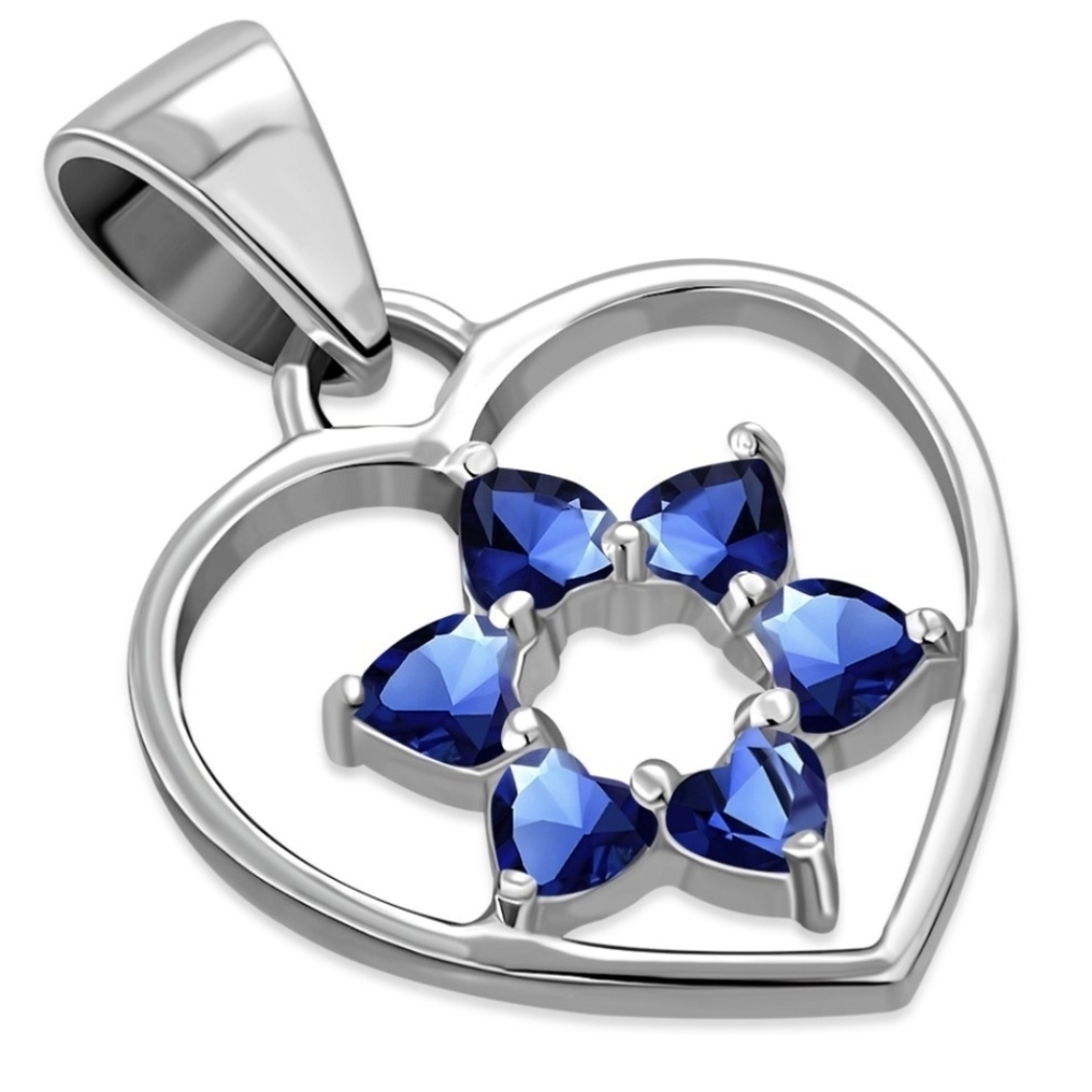 Sterling Silver Heart Shape set with Star David in Blue Sapphire CZ